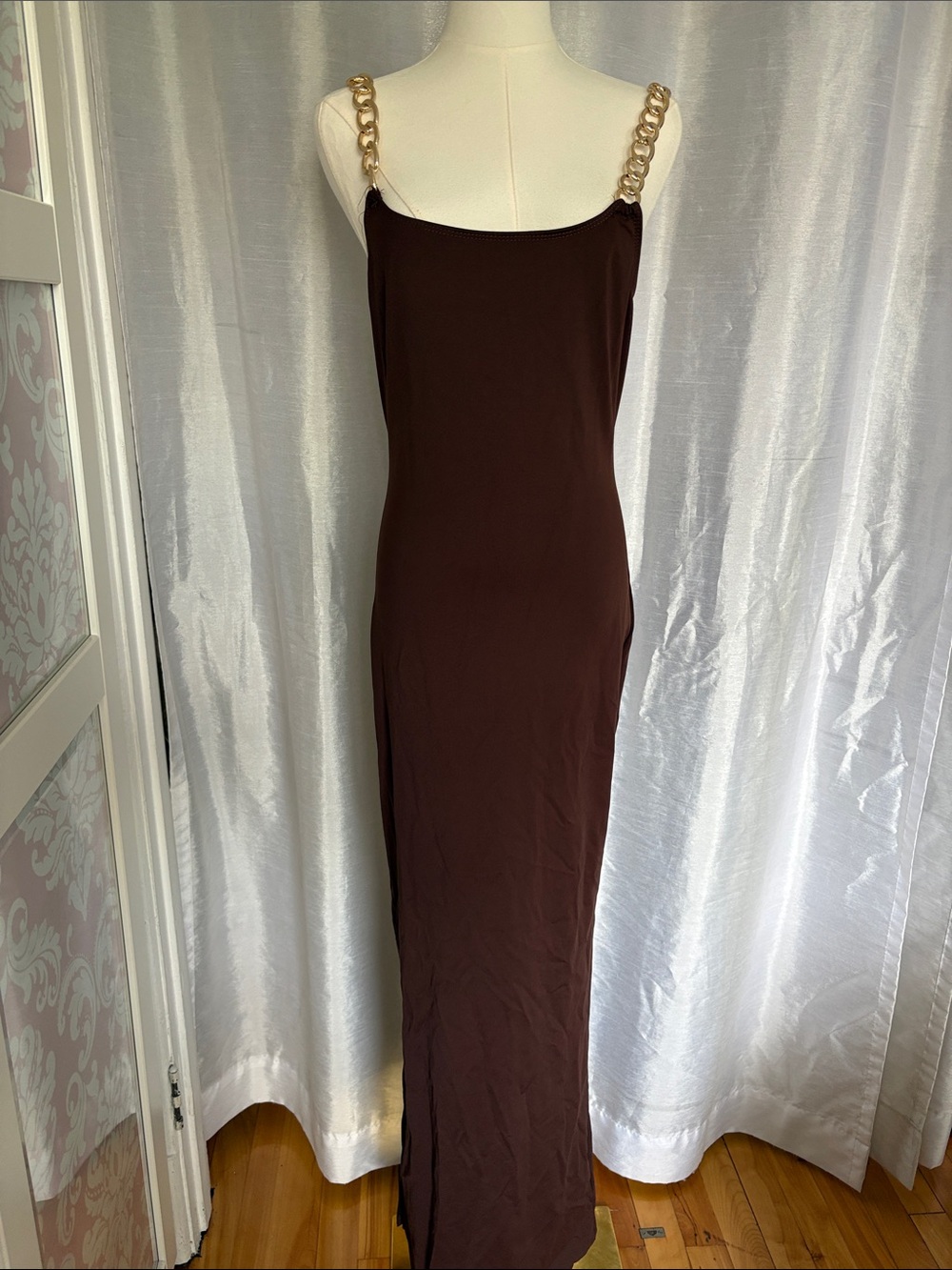Gold-Chain Strap Brown Maxi Dress